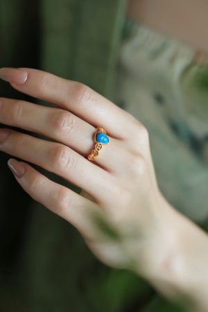 Turquoise and Silver Open Copper Coin Gourd Ring for Women, Chinese Style Good Luck Jewelry with Blue Gold Inlaid Jade, Unique Design