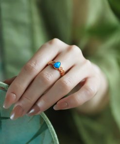 Turquoise and Silver Open Copper Coin Gourd Ring for Women, Chinese Style Good Luck Jewelry with Blue Gold Inlaid Jade, Unique Design