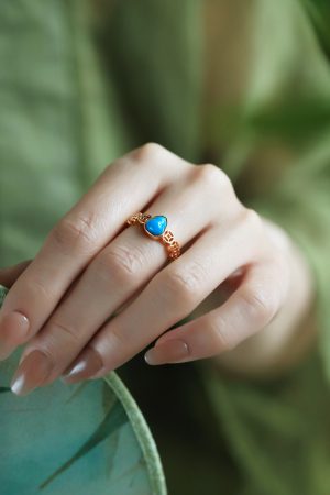 Turquoise and Silver Open Copper Coin Gourd Ring for Women, Chinese Style Good Luck Jewelry with Blue Gold Inlaid Jade, Unique Design