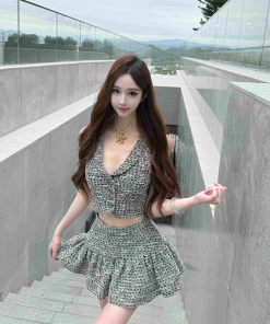 Tweed Petal Skirt & Sleeveless Top Two-Piece Set - Super Short Little Waltz Style, Chic 90s Inspired Fashion
