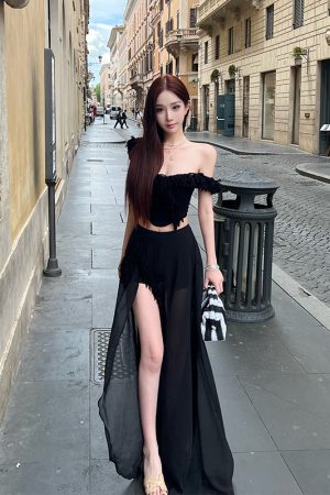 Twilight Tulle Midi Skirt with High Split for Tall Women - Socialite Style Summer Fashion, Perfect for 90s and Y2K Looks