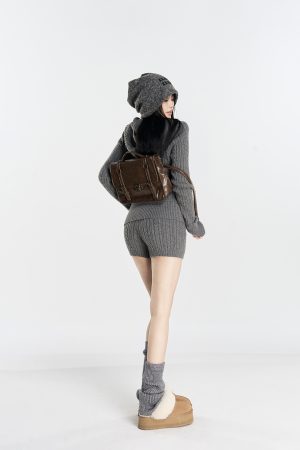 Twisted Pattern Hooded Zipper Knitted Cardigan & Double Waist Button Shorts Two-Piece Set - Korean Style Fashion