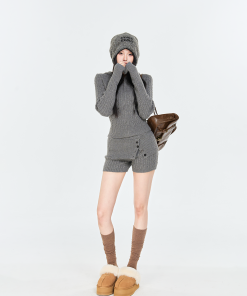 Twisted Pattern Hooded Zipper Knitted Cardigan & Double Waist Button Shorts Two-Piece Set - Korean Style Fashion