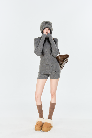 Twisted Pattern Hooded Zipper Knitted Cardigan & Double Waist Button Shorts Two-Piece Set - Korean Style Fashion