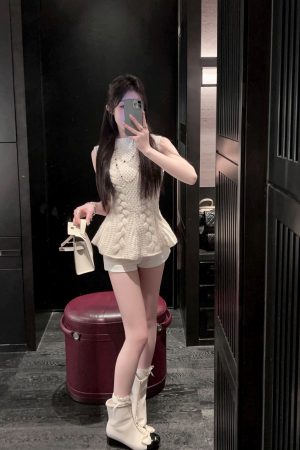 Twisted White Wool Sweater Vest for Women - Winter Heavy Industry Knit with Waist-Cinching & Flared Hem - Y2K Style
