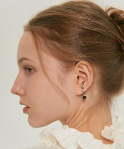 Two-in-One Black Agate Ear Clip Ring - Vintage Brass Plated with White Gold, Unique Niche Design