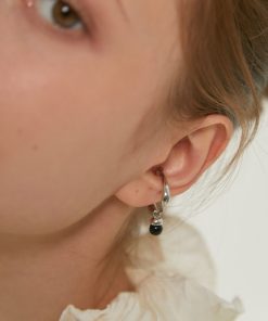 Two-in-One Black Agate Ear Clip Ring - Vintage Brass Plated with White Gold, Unique Niche Design