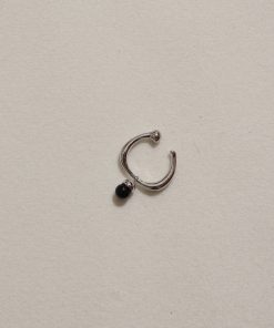 Two-in-One Black Agate Ear Clip Ring - Vintage Brass Plated with White Gold, Unique Niche Design