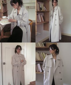Two-Tone Casual High Slim Stand Collar Raincoat Drop Shoulder Long Trench Coat for Early Autumn Fashion