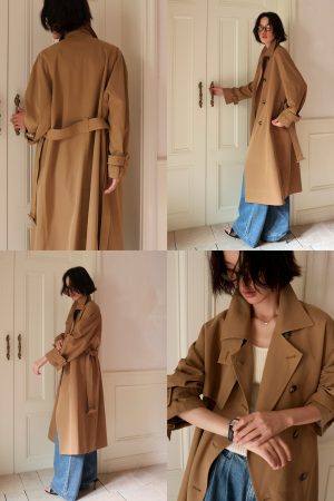 Two-Tone Casual High Slim Stand Collar Raincoat Drop Shoulder Long Trench Coat for Early Autumn Fashion