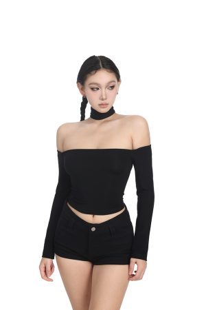 Two-tone Halter Off-Shoulder Slim Fit Shirt for Women, One-Shoulder Long Sleeve Top, Spring Summer Fashion 2025