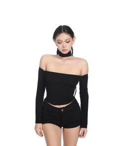 Two-tone Halter Off-Shoulder Slim Fit Shirt for Women, One-Shoulder Long Sleeve Top, Spring Summer Fashion 2025