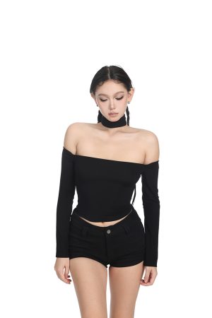 Two-tone Halter Off-Shoulder Slim Fit Shirt for Women, One-Shoulder Long Sleeve Top, Spring Summer Fashion 2025