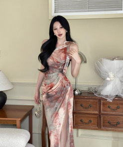 Two-Tone Plant-Dyed Off-Shoulder Dress - Elegant Long Gown for Evening Wear, Sexy Floral Print, Trendy Boho Style