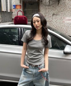 U-Neck Short Sleeve Shoulder-Cinched Slim Fit Top in White and Deep Gray - Sweet and Spicy Daily Wear for Versatile Style