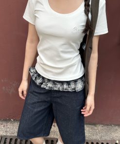 U-Neck Short Sleeve Shoulder-Cinched Slim Fit Top in White and Deep Gray - Sweet and Spicy Daily Wear for Versatile Style