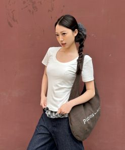 U-Neck Short Sleeve Shoulder-Cinched Slim Fit Top in White and Deep Gray - Sweet and Spicy Daily Wear for Versatile Style