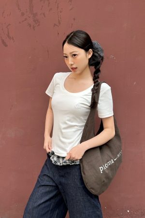 U-Neck Short Sleeve Shoulder-Cinched Slim Fit Top in White and Deep Gray - Sweet and Spicy Daily Wear for Versatile Style