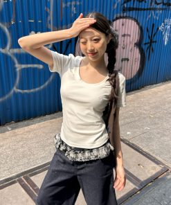 U-Neck Short Sleeve Shoulder-Cinched Slim Fit Top in White and Deep Gray - Sweet and Spicy Daily Wear for Versatile Style