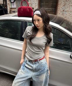 U-Neck Short Sleeve Shoulder-Cinched Slim Fit Top in White and Deep Gray - Sweet and Spicy Daily Wear for Versatile Style