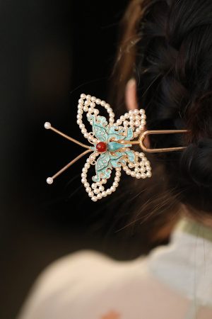 U-Shaped CloisonnÃ© Hairpin in Ancient Butterfly Design, Ming Dynasty Inspired Hair Ornament for Hanfu and Traditional Styles