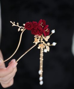 U-Shaped Hairpin for Toasting Dress, Red Xiuhua Headpiece, Chinese Classical Bride's Bun Hair Accessory, Elegant Wedding Decor