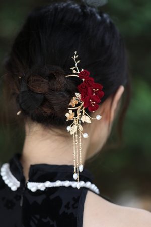 U-Shaped Hairpin for Toasting Dress, Red Xiuhua Headpiece, Chinese Classical Bride's Bun Hair Accessory, Elegant Wedding Decor