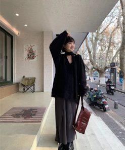 Ultra-Soft Black Scarf Sweater for Women - Trendy Loose V-Neck Knitted Top for Spring & Autumn, Casual Cozy Style