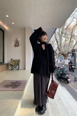 Ultra-Soft Black Scarf Sweater for Women - Trendy Loose V-Neck Knitted Top for Spring & Autumn, Casual Cozy Style
