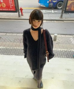 Ultra-Soft Black Scarf Sweater for Women - Trendy Loose V-Neck Knitted Top for Spring & Autumn, Casual Cozy Style