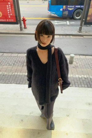 Ultra-Soft Black Scarf Sweater for Women - Trendy Loose V-Neck Knitted Top for Spring & Autumn, Casual Cozy Style