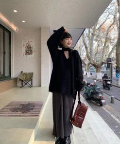 Ultra-Soft Black Scarf Sweater for Women - Trendy Loose V-Neck Knitted Top for Spring & Autumn, Casual Cozy Style