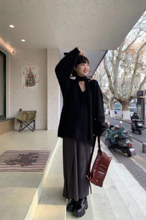 Ultra-Soft Black Scarf Sweater for Women - Trendy Loose V-Neck Knitted Top for Spring & Autumn, Casual Cozy Style