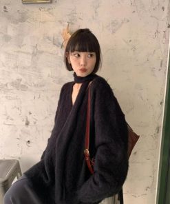 Ultra-Soft Black Scarf Sweater for Women - Trendy Loose V-Neck Knitted Top for Spring & Autumn, Casual Cozy Style