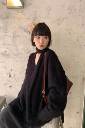 Ultra-Soft Black Scarf Sweater for Women - Trendy Loose V-Neck Knitted Top for Spring & Autumn, Casual Cozy Style