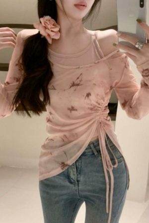 Unique Butterfly Print Mesh Long Sleeve Vest Top Two-Piece Set with Drawstring, Irregular Hem for Sun Protection - Women's Fashion