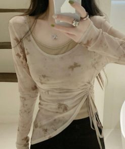 Unique Butterfly Print Mesh Long Sleeve Vest Top Two-Piece Set with Drawstring, Irregular Hem for Sun Protection - Women's Fashion