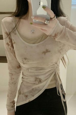Unique Butterfly Print Mesh Long Sleeve Vest Top Two-Piece Set with Drawstring, Irregular Hem for Sun Protection - Women's Fashion