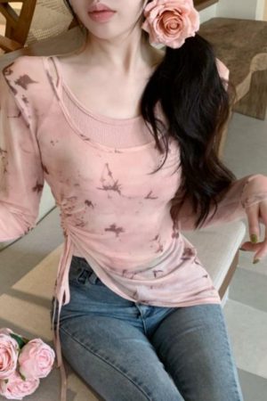 Unique Butterfly Print Mesh Long Sleeve Vest Top Two-Piece Set with Drawstring, Irregular Hem for Sun Protection - Women's Fashion