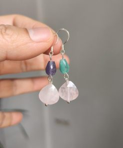 Unique Fan-Shaped Pink Crystal Water Drop Earrings in Blue and Purple - Retro Forest Style Accessories for Women