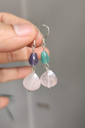 Unique Fan-Shaped Pink Crystal Water Drop Earrings in Blue and Purple - Retro Forest Style Accessories for Women