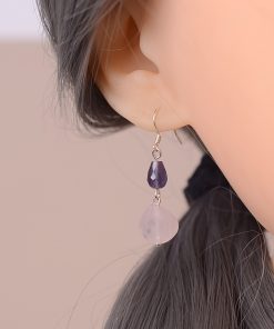 Unique Fan-Shaped Pink Crystal Water Drop Earrings in Blue and Purple - Retro Forest Style Accessories for Women