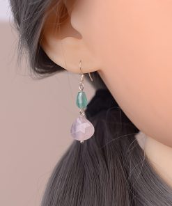Unique Fan-Shaped Pink Crystal Water Drop Earrings in Blue and Purple - Retro Forest Style Accessories for Women