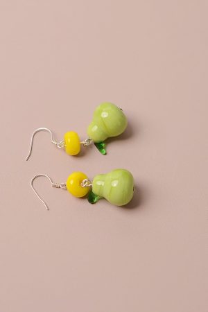 Unique Green Pear Lemon Fruit Earrings for Women, 925 Sterling Silver Hypoallergenic Hooks, Trendy Jewelry for 2025