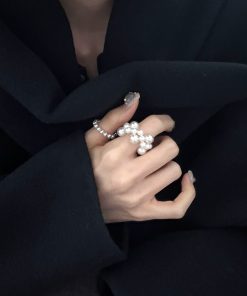 Unique Irregular Pearl Beaded Cross Ring - High-End Fashionable Elastic Accessory for Versatile Style