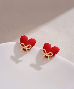 Unique Red Heart Stud Earrings with Cute Bow Detail - High-End New Year Ear Accessories for Stylish Looks