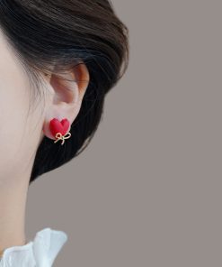 Unique Red Heart Stud Earrings with Cute Bow Detail - High-End New Year Ear Accessories for Stylish Looks