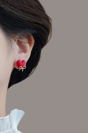 Unique Red Heart Stud Earrings with Cute Bow Detail - High-End New Year Ear Accessories for Stylish Looks