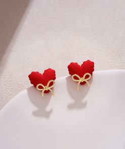 Unique Red Heart Stud Earrings with Cute Bow Detail - High-End New Year Ear Accessories for Stylish Looks