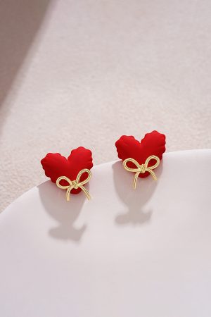 Unique Red Heart Stud Earrings with Cute Bow Detail - High-End New Year Ear Accessories for Stylish Looks